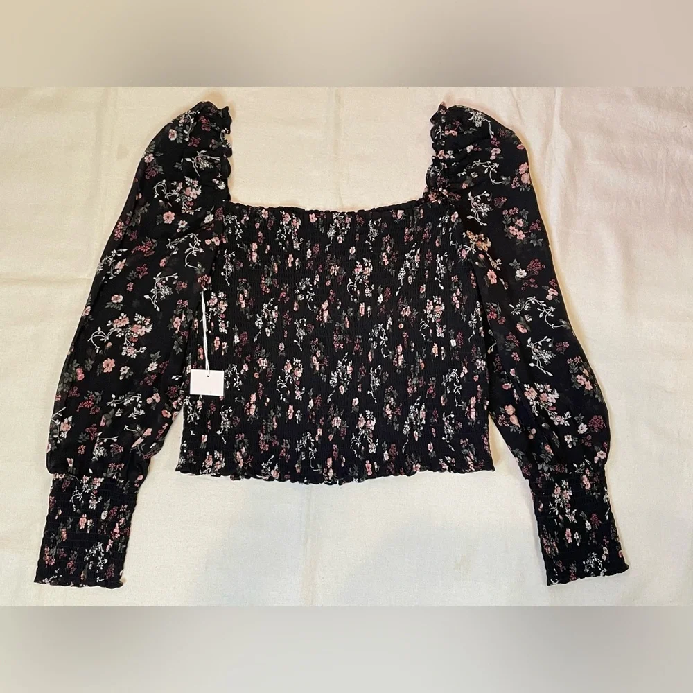 Reformation black Floral off shoulder long sleeve SmockedTop